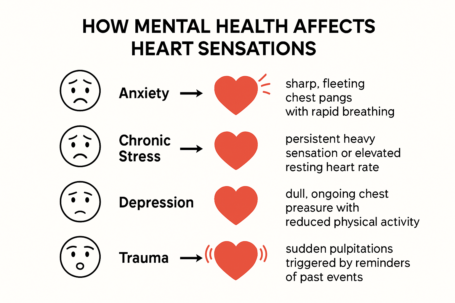 Diagram showing the connection between four mental health conditions and their corresponding heart sensations: Anxiety linking to sharp chest pangs and rapid breathing, Chronic Stress to heavy sensation and high resting heart rate, Depression to dull chest pressure and low activity, Trauma to sudden palpitations.