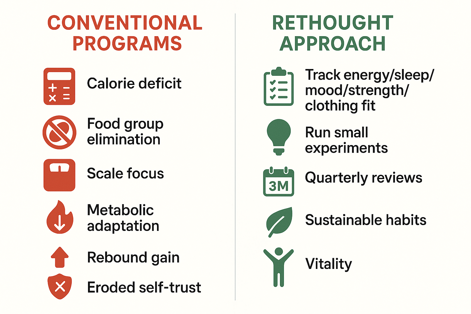 Side-by-side comparison of traditional weight loss programs against the rethought adaptive personal project approach