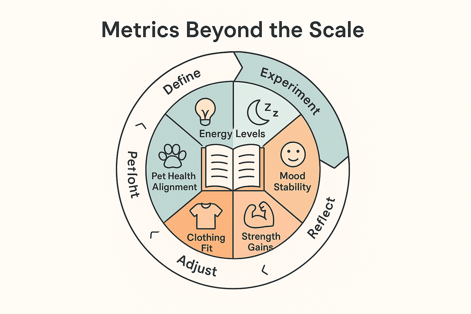 Infographic displaying alternative success metrics and iterative cycle for sustainable weight management