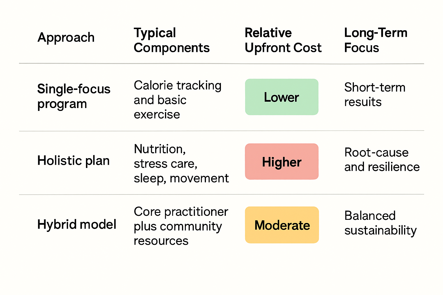 Comparison infographic showing three approaches to weight management: single-focus program with lower cost and short-term results; holistic plan with higher cost addressing nutrition, stress care, sleep, movement and root-cause resilience; hybrid model with moderate cost balancing core practitioner and community resources for balanced sustainability.