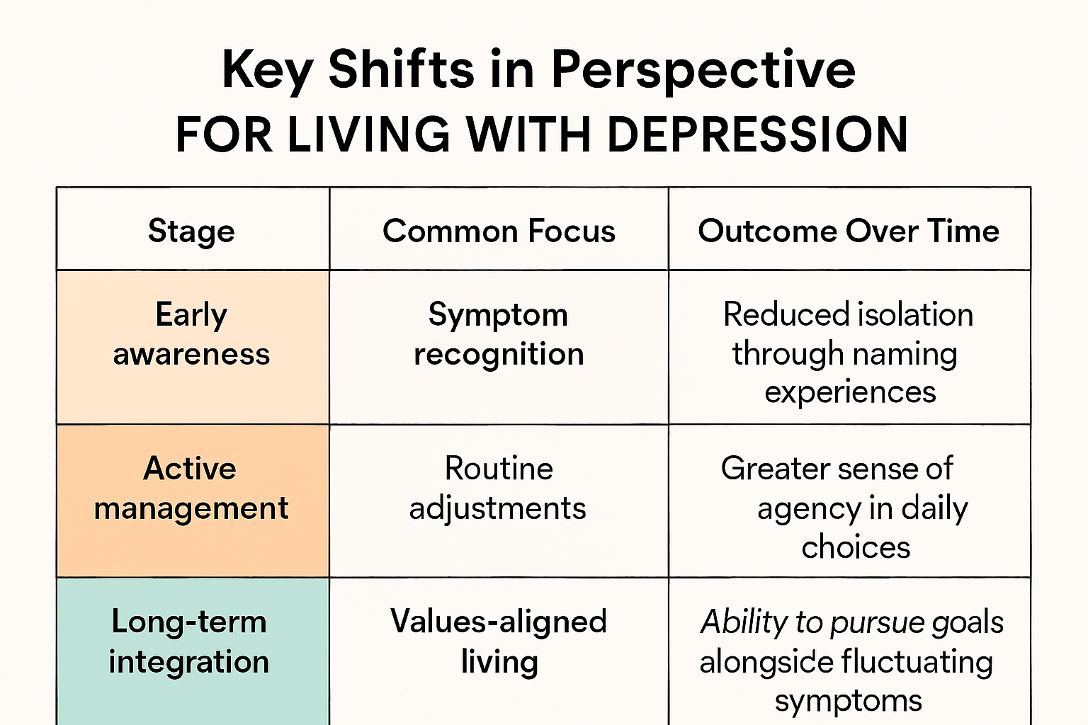 Table showing three stages of managing depression: Early awareness focuses on symptom recognition leading to reduced isolation; Active management involves routine adjustments for greater daily agency; Long-term integration centers on values-aligned living enabling goal pursuit despite symptoms.